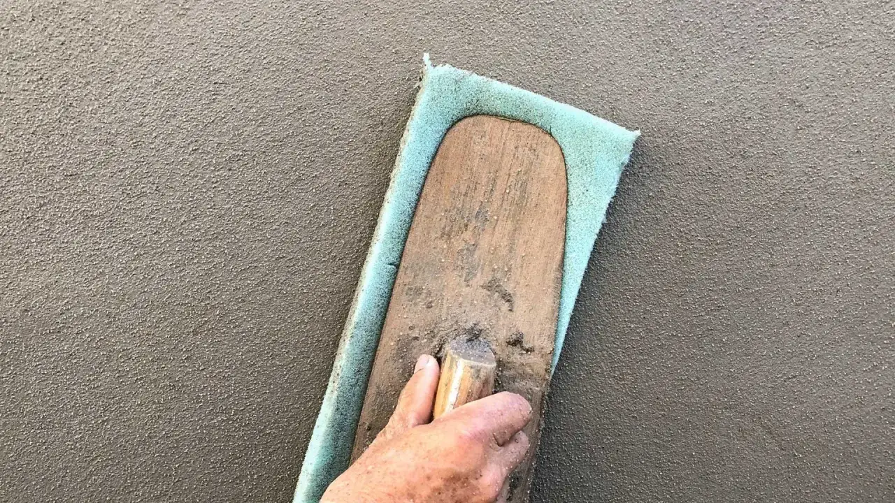 Main d'artisan travaillant le béton cellulaire extérieur avec une taloche éponge pour un fini texturé.