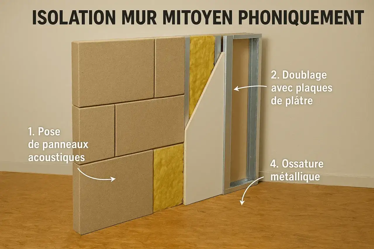 Exemple d'isolation phonique mur mitoyen : panneaux acoustiques, laine minérale, ossature métallique et plaques de plâtre.