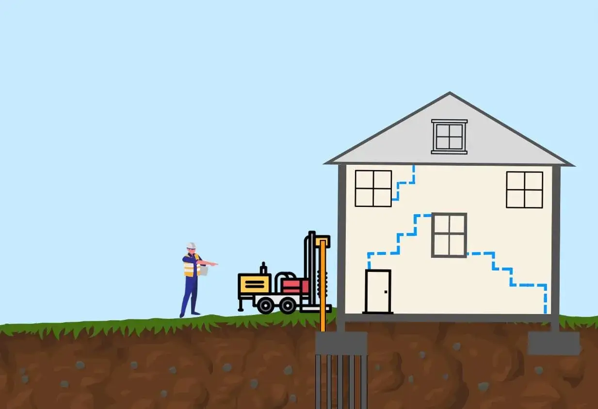 Un ouvrier supervise la stabilisation d'une fondation de maison sur sol argileux, avec une foreuse en action.