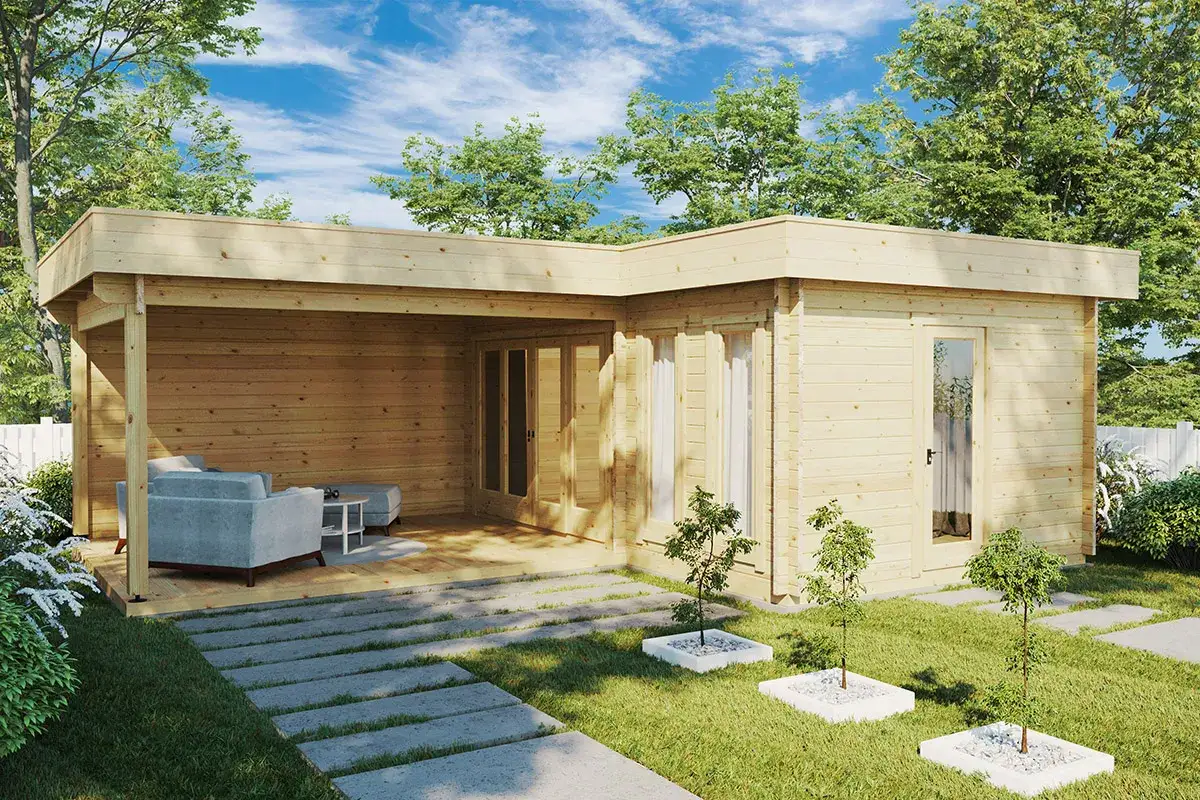 Maisonnette en bois avec une confortable terrasse couverte, salon extérieur invitant, et un chemin de dalles menant à travers la pelouse verdoyante.