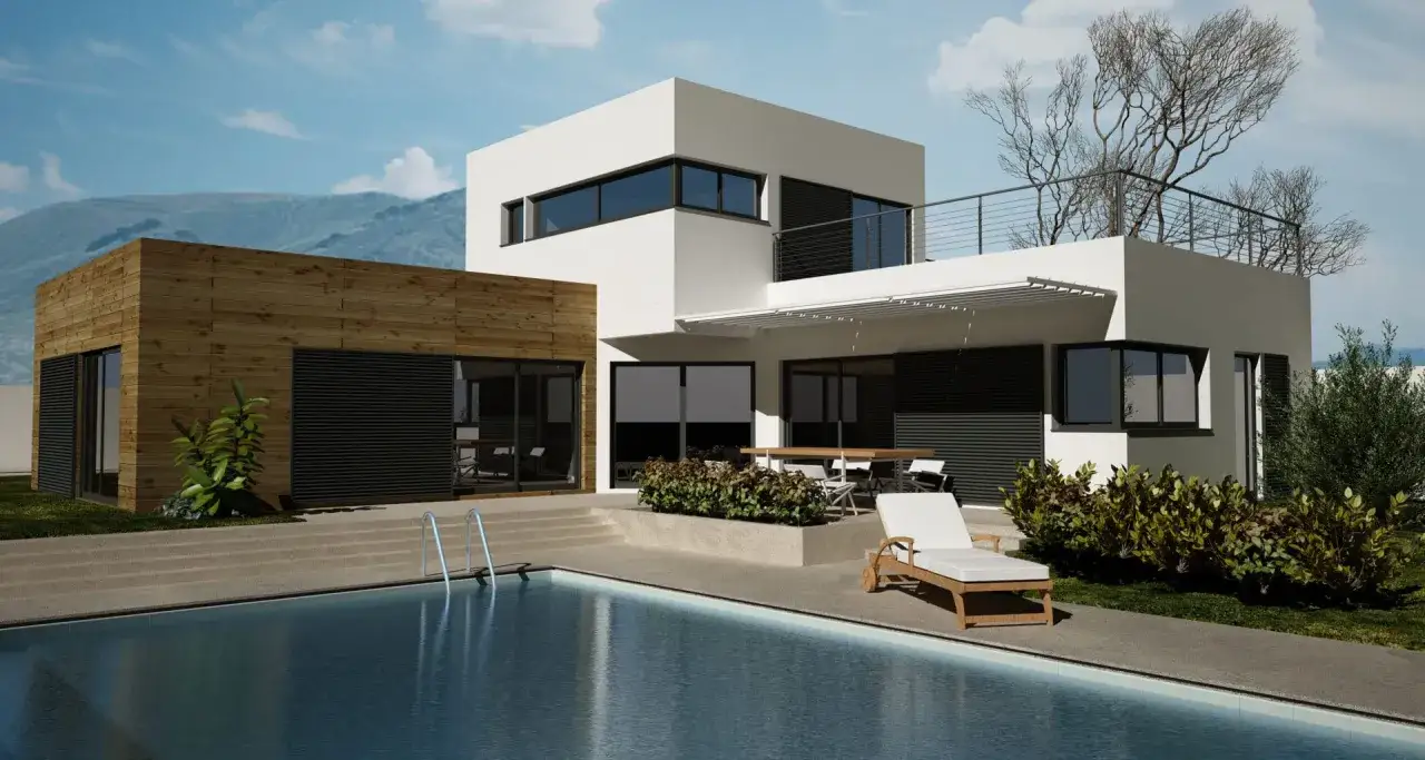 Maison moderne avec piscine et terrasse. Une extension maison container en bois s'intègre parfaitement au design.