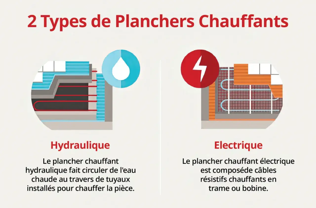 Illustration comparant le plancher chauffant hydraulique (eau) et électrique (câbles) pour une rénovation.