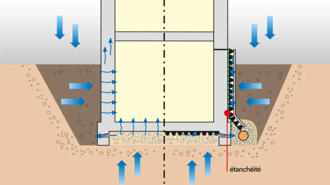 Schéma illustrant l'étanchéité d'un mur enterré avec drainage des eaux.