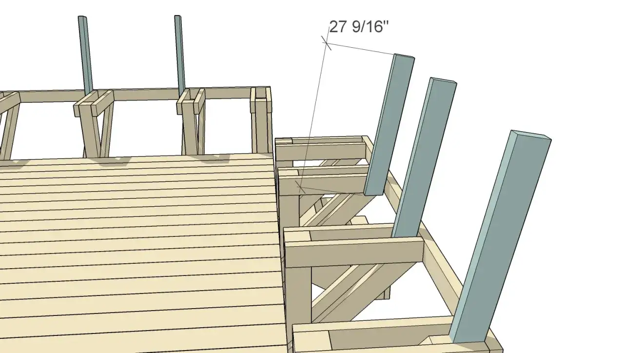 Vue 3D d'une structure en bois pour fabriquer banquette bois terrasse. Des poteaux bleus sont fixés sur une ossature en bois.