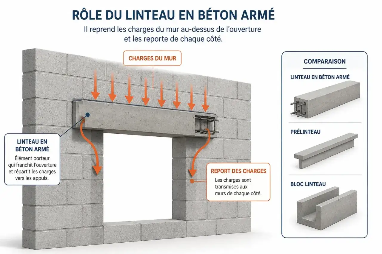 Illustration montrant le rôle d'un pose linteau béton armé qui reprend les charges du mur au-dessus d'une ouverture et les reporte sur les appuis.