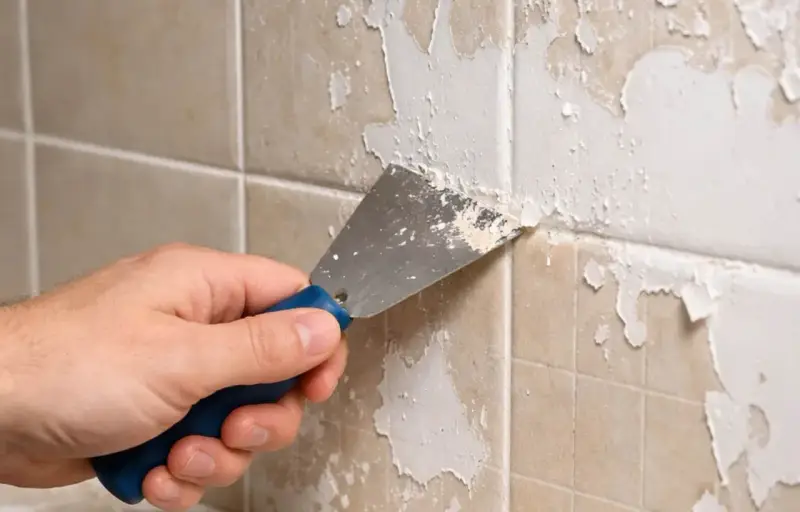 Main tenant enlever peinture sur carrelage avec une spatule. La peinture s'écaille, révélant le carrelage beige en dessous.