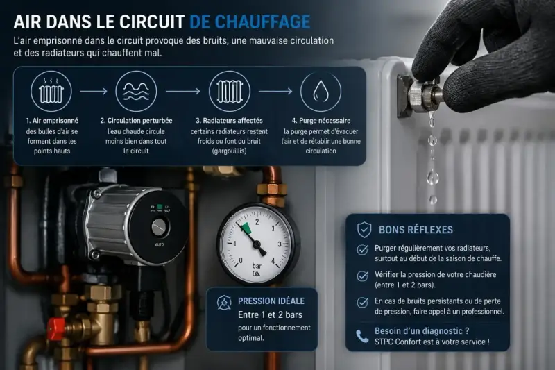 Le circuit de chauffage idéal fonctionne entre 1 et 2 bars. L'image montre un manomètre indiquant la pression, une pompe, et un radiateur purgé.
