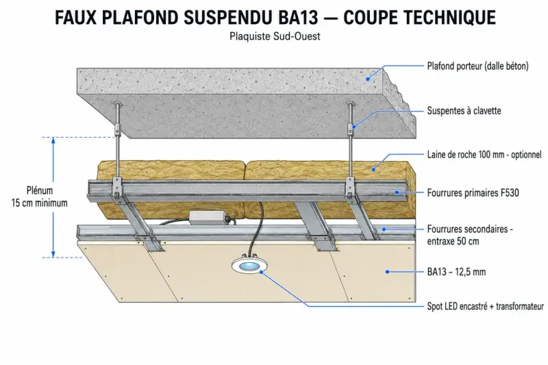 Coupe technique d'un faux plafond suspendu BA13. On voit la dalle béton, l'isolant, la structure métallique et les plaques de plâtre.