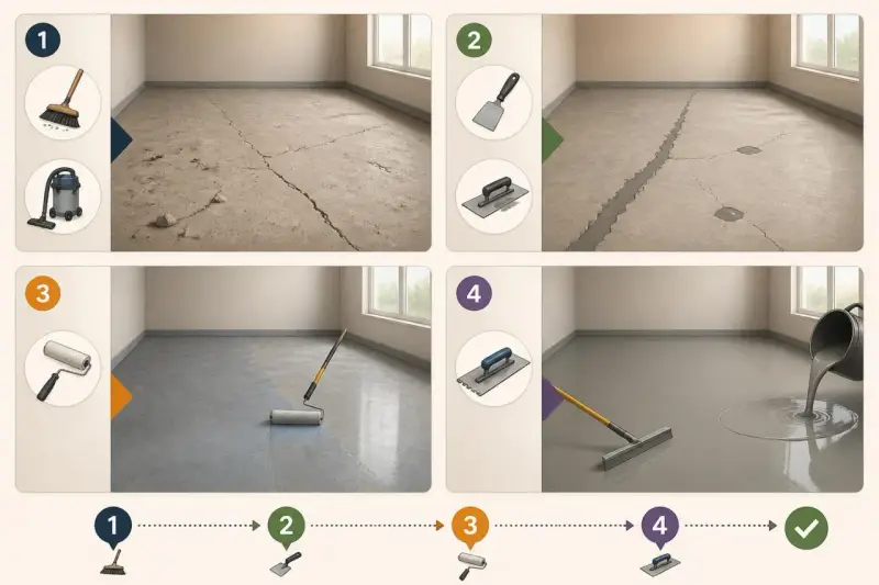 Étapes pour appliquer un ragréage autonivelant : nettoyage, réparation des fissures, application d'une sous-couche, puis coulage et étalement du produit pour un sol lisse.