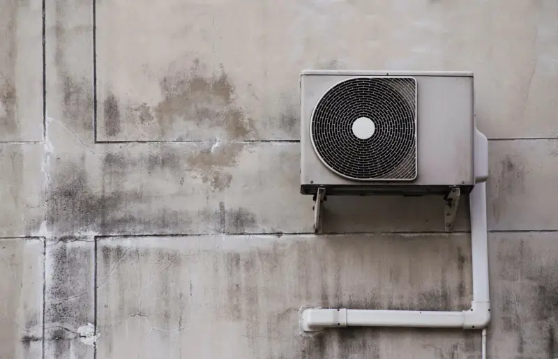 Unité extérieure d'une pompe à chaleur air air fixée sur un mur en béton fissuré et taché.