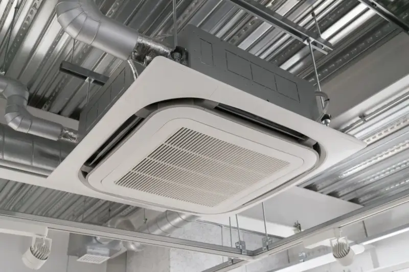 Unité de climatisation par le plafond, discrète et efficace, intégrée dans un faux plafond avec des conduits d'air apparents.
