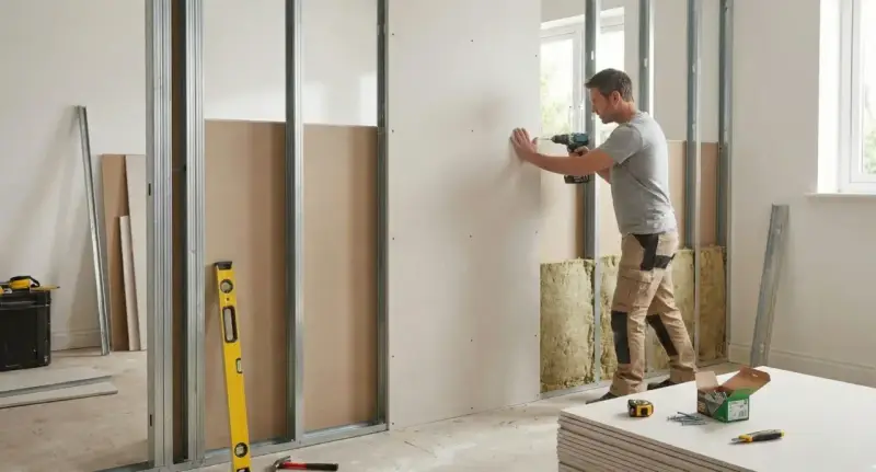 Un homme utilise une perceuse pour monter une cloison en placo sur une structure métallique. Des matériaux d'isolation sont visibles.